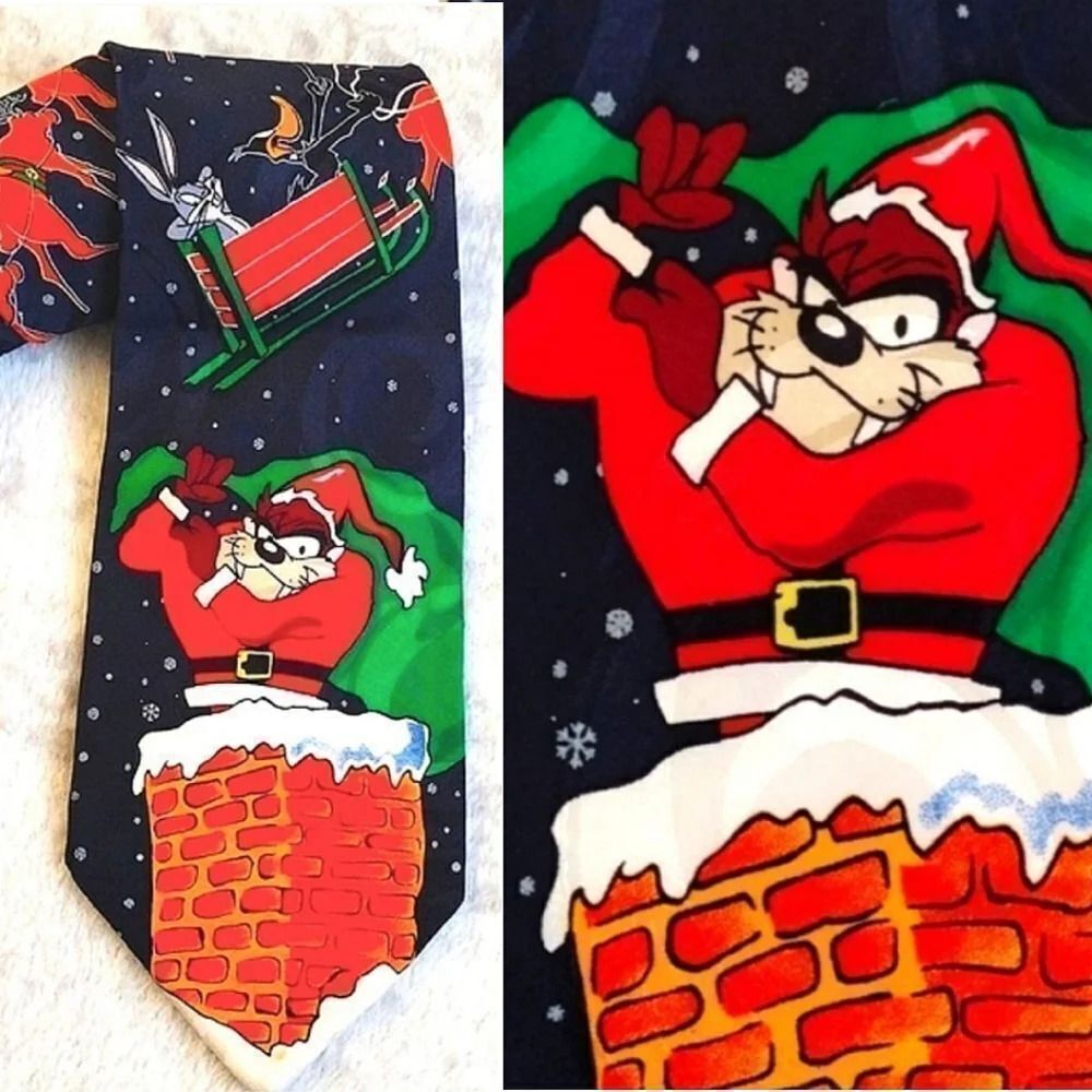 Looney Tunes 1995 Tazmania Devil Christmas Sleigh Silk‎ NeckTie